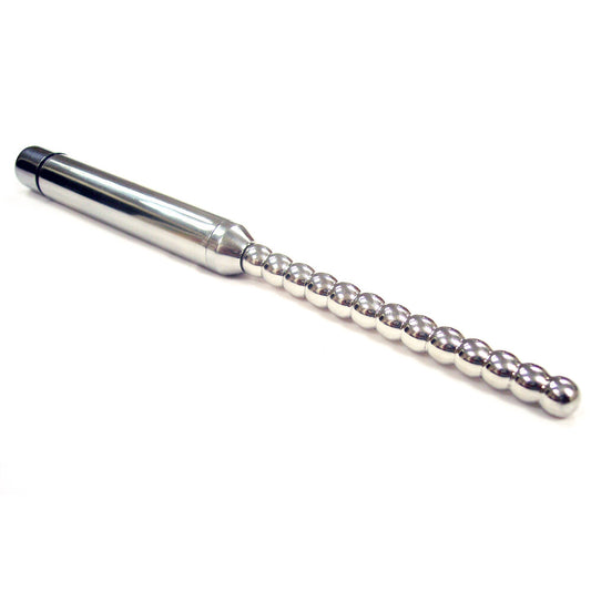 Stainless steel urethral probe with ribbed design for pleasure.