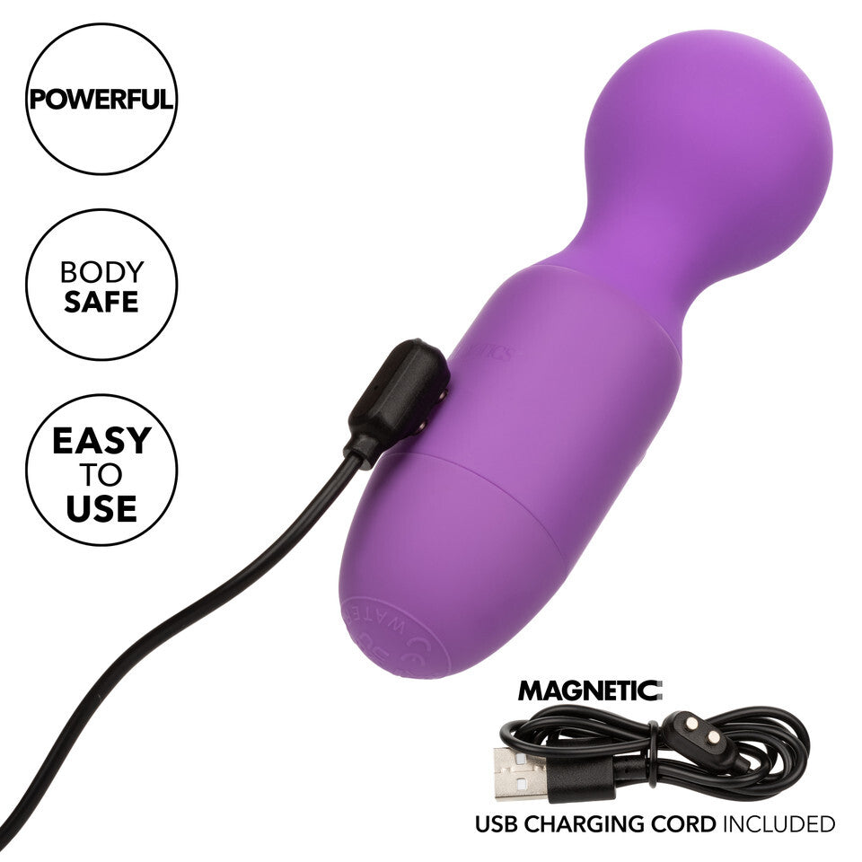 Purple rechargeable massager with charging cable.