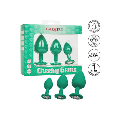 Emerald delight! A three-piece set of glitzy, green silicone butt plugs for pleasurable exploration. Gem accents add sparkle to your play.
