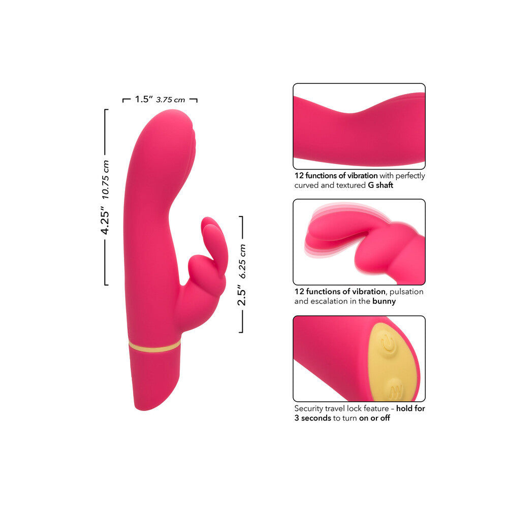 Love Bunny vibrator with measurements, G-spot shaft, bunny stimulator, and security lock detail.