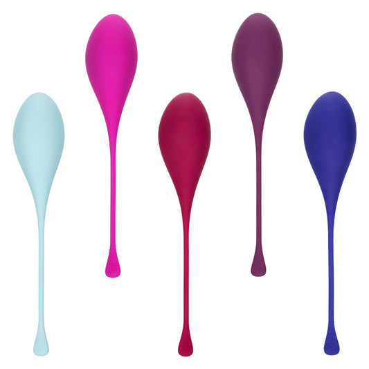 Kegel exercise weights in assorted colours.