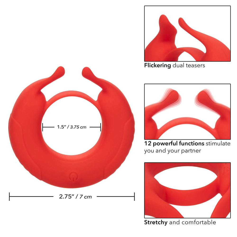 Red Taurus Enhancer Cock Ring: Dual pleasuring fun for couples. Features flickering teasers and 12 stimulating functions. Stretchy and comfy!
