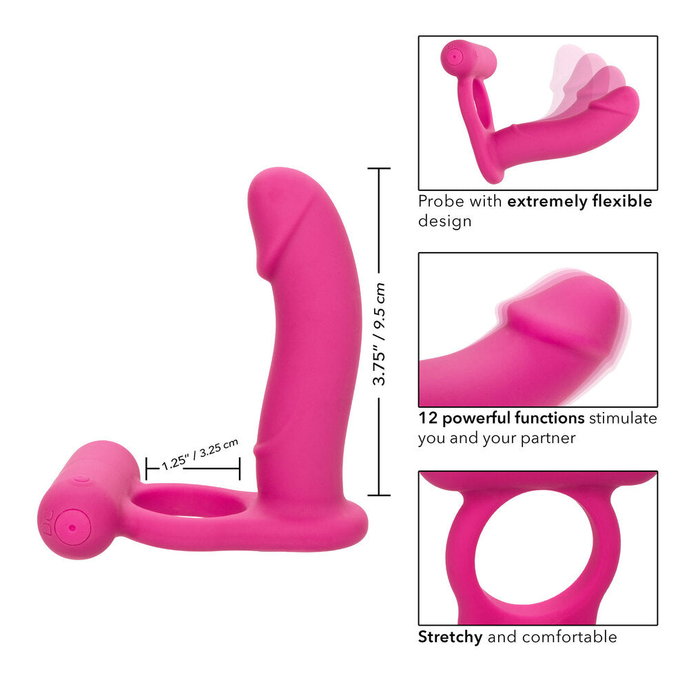 Pink, silicone, dual stimulator toy with dimensions.