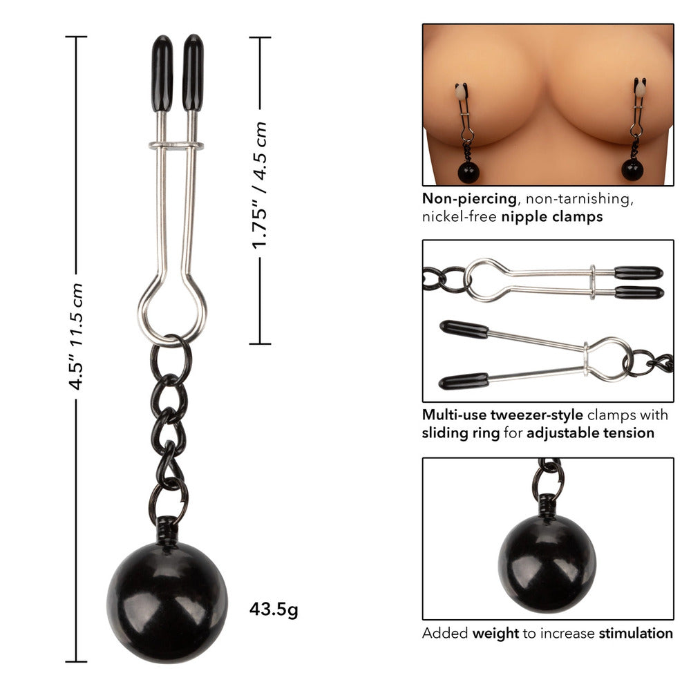Weighted tweezer nipple clamps, adjustable tension, for nipple play.