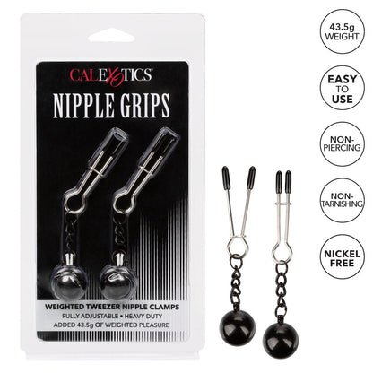 Weighted Tweezer Nipple Clamps for a playful tickle. Adjustable, nickel-free design for added sensation and fun.

