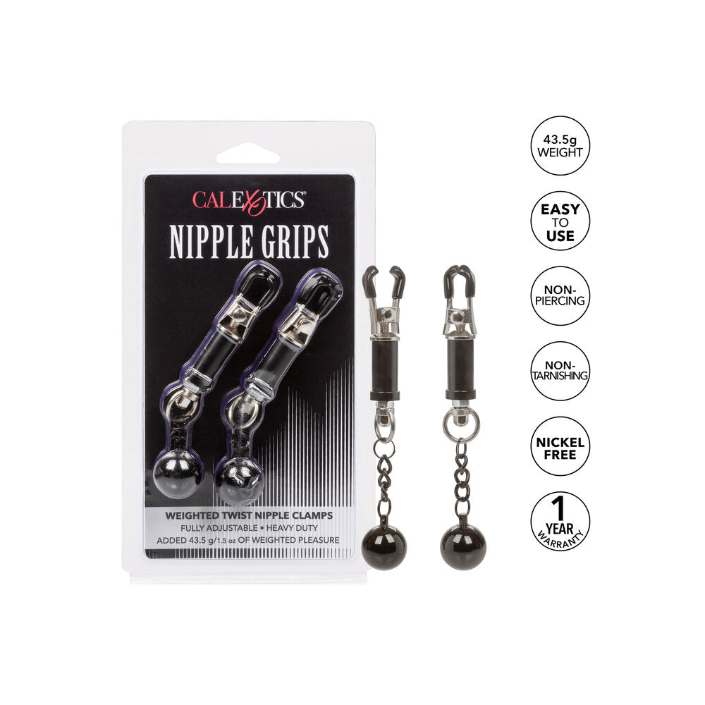Weighted Twist Nipple Clamps from California Exotic: Adjustable, non-piercing, nickel-free for some playful pleasure.