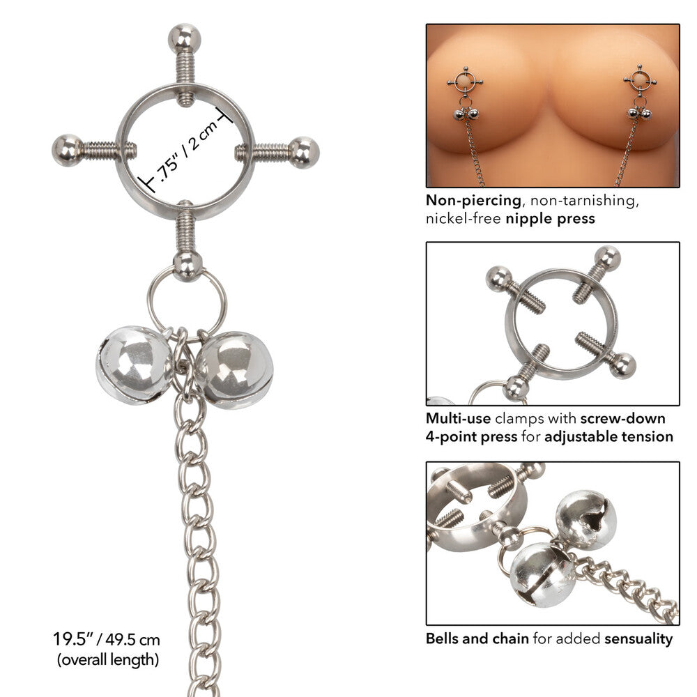 Silver nipple clamps with bells and adjustable screw tension.
