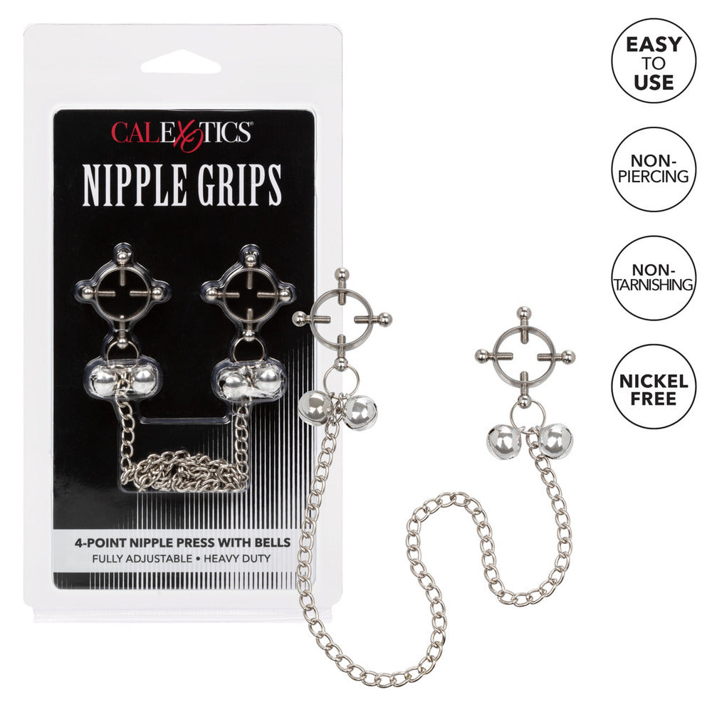 Silver Nipple Grips with Bells in packaging and loose pair.