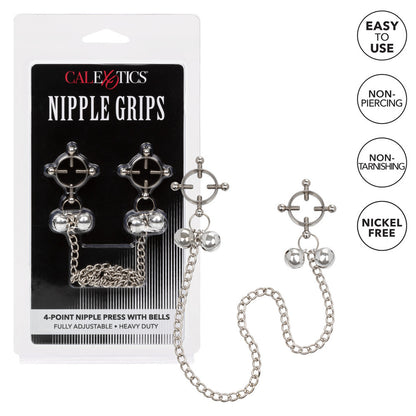 Silver Nipple Grips with Bells in packaging and loose pair.