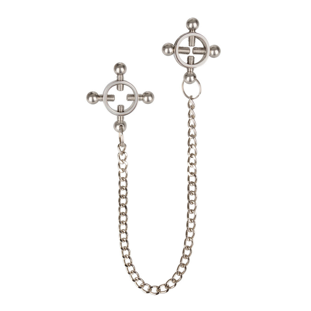 Silver-tone nipple clamps with chain.