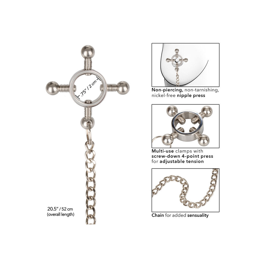Silver nipple grips with adjustable screw-down pressure and chain.