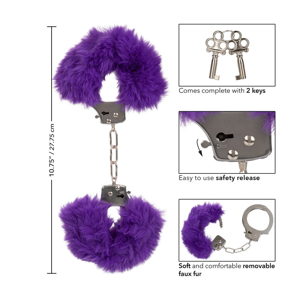 Purple furry cuffs with keys and removable faux fur.