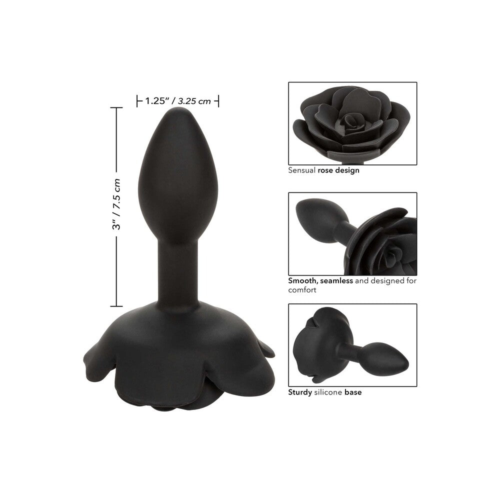 Black rose anal plug with dimensions and detail close-ups.