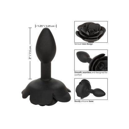 Black rose anal plug with dimensions and detail close-ups.