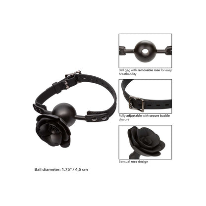 CalExotics Forbidden Removable Rose Gag in matte black. A ball gag, rose attachment, and adjustable strap with buckle.