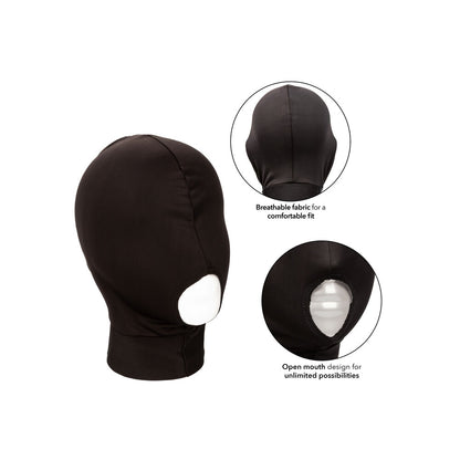 Breathable black hood, obscuring and empowering, with a playful invitation at the mouth.
