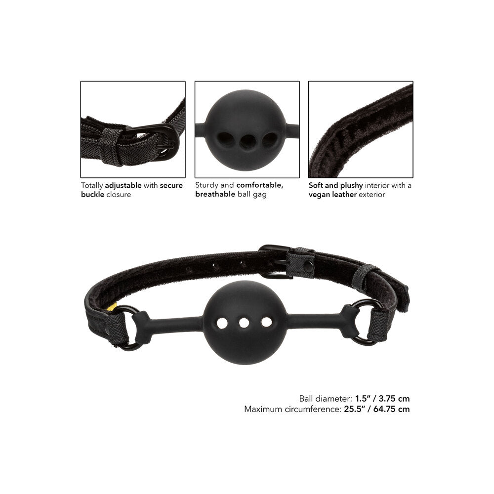 Elegant ball gag crafted in plush vegan leather, with adjustable straps for secure comfort. Breathable, for exquisite control.
