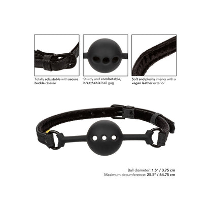 Elegant ball gag crafted in plush vegan leather, with adjustable straps for secure comfort. Breathable, for exquisite control.
