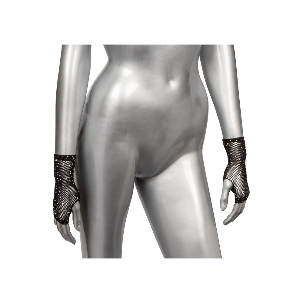 CalExotics Radiance fingerless gloves. Black mesh gloves with sparkling rhinestones on silver mannequin.  Perfect for a playful night.