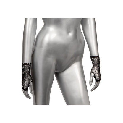 CalExotics Radiance fingerless gloves. Black mesh gloves with sparkling rhinestones on silver mannequin.  Perfect for a playful night.