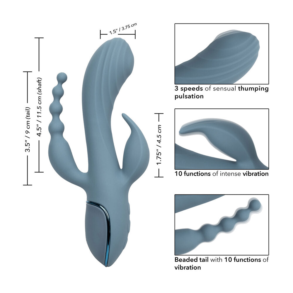 Triple-pronged stimulator with beaded tail promising multiple orgasms.