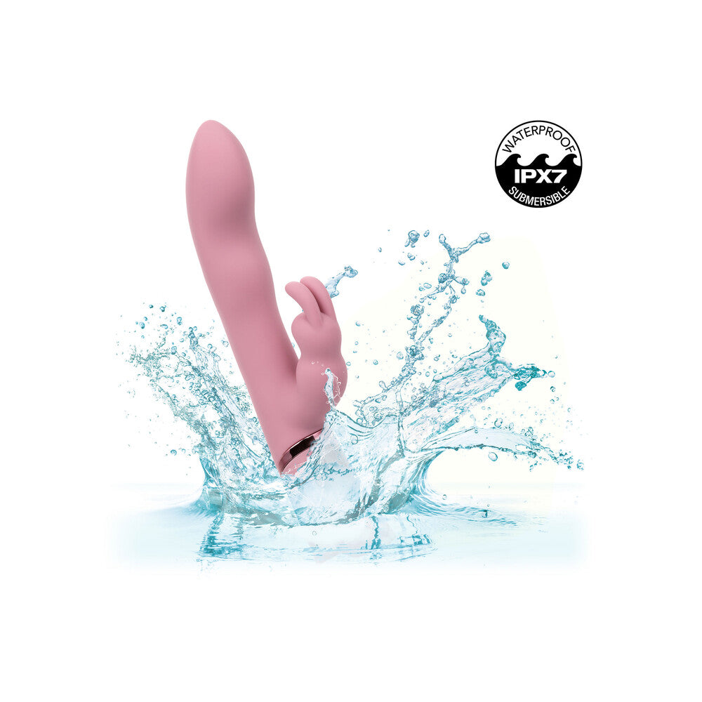 Pink waterproof bunny vibrator with water splash.