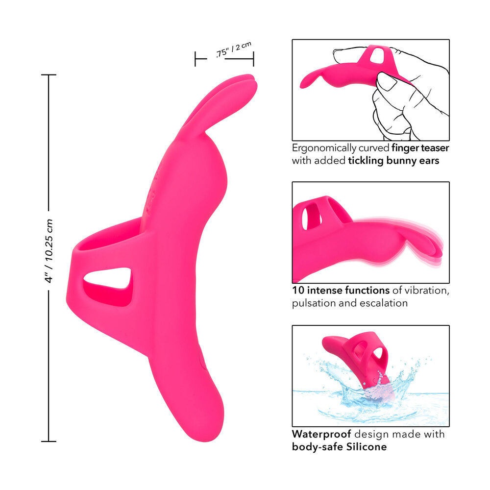 Pink finger teaser with bunny ears, size guide and features