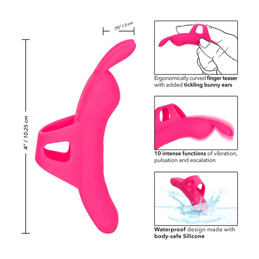 Pink finger teaser with bunny ears, size guide and features