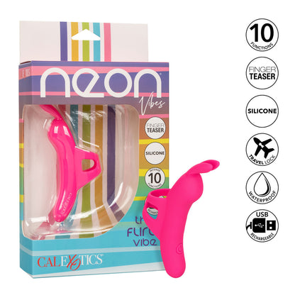 Neon Vibes Flirty Vibe finger teaser in box, pink silicone. USB rechargeable, waterproof, and ten functions.

