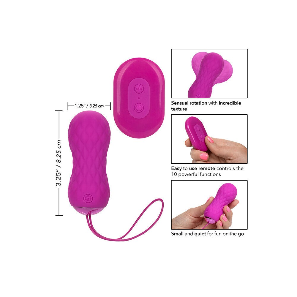 Textured purple vibrator with remote, rotational close-ups, and hand demonstration.