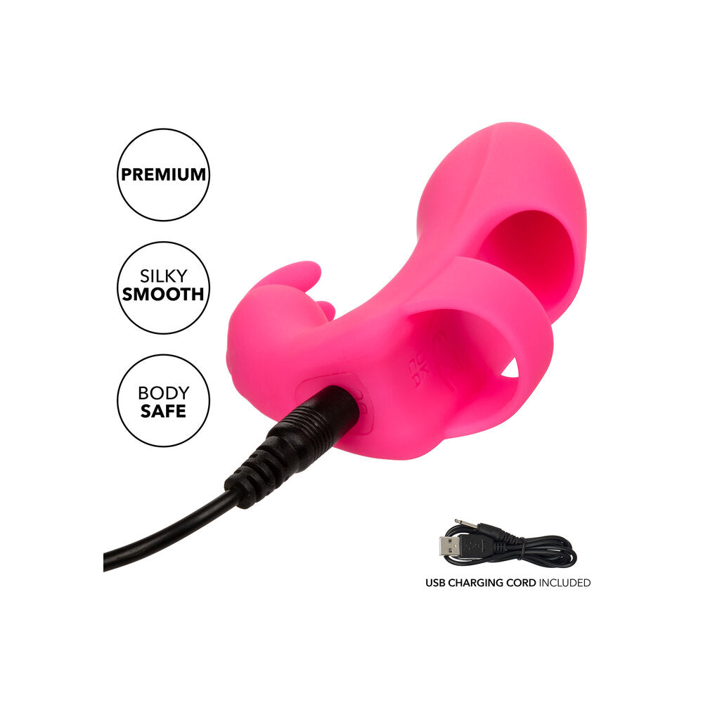 Pink Pleaser Rabbit Finger Vibrator with charging cable.