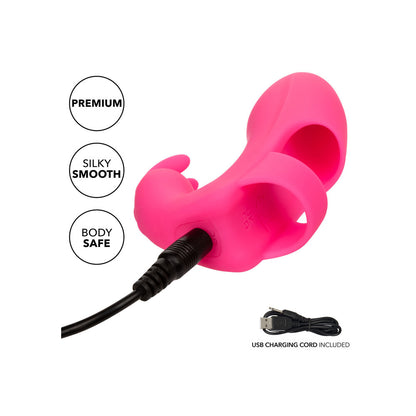 Pink Pleaser Rabbit Finger Vibrator with charging cable.