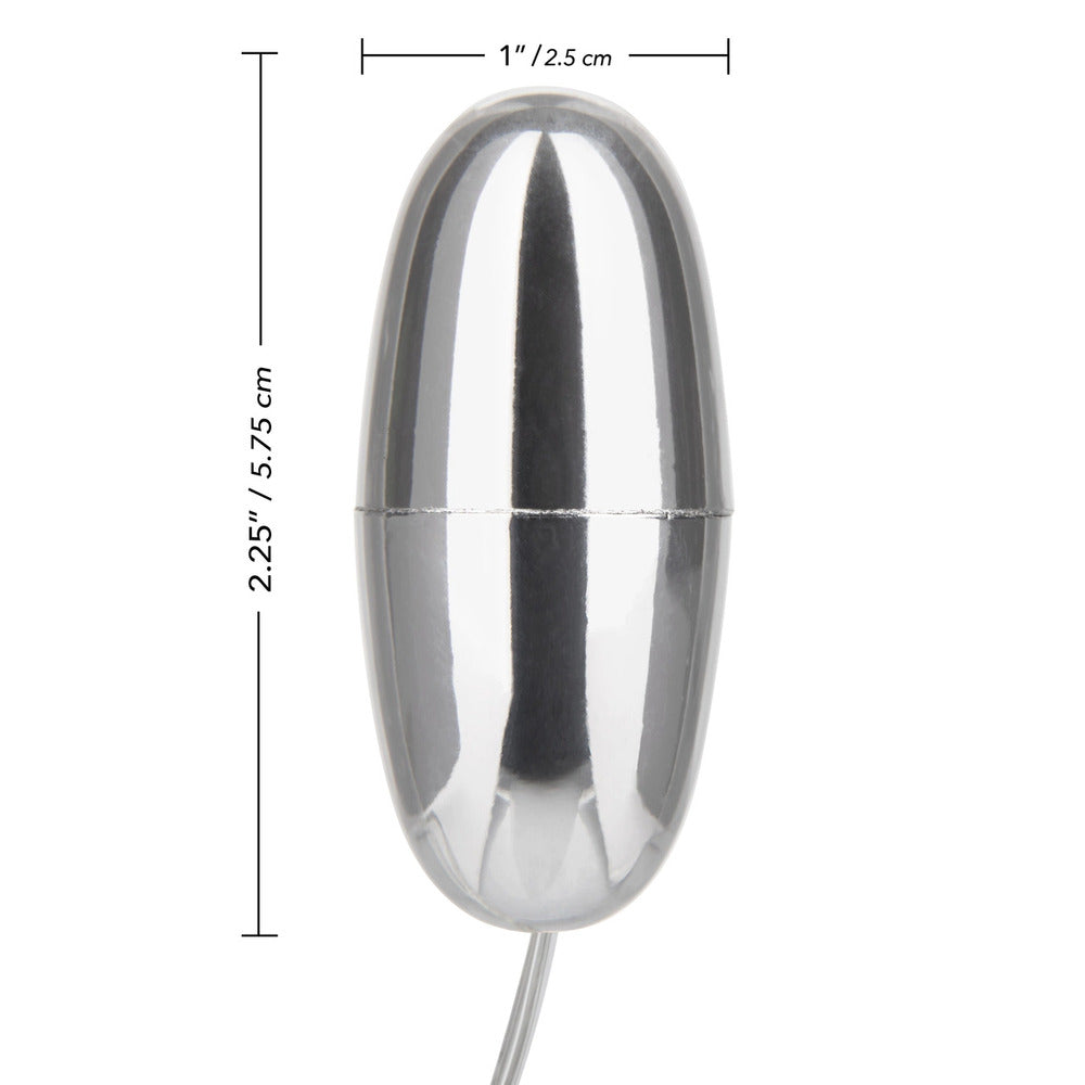 Silver bullet vibrator with length and width measurements.
