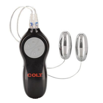 COLT Twin Turbo Bullets vibrator with two chrome vibe eggs and control unit.