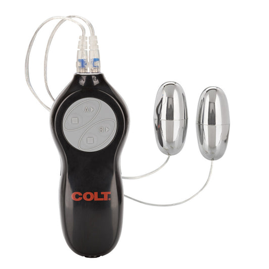 COLT Twin Turbo Bullets vibrator with two chrome vibe eggs and control unit.
