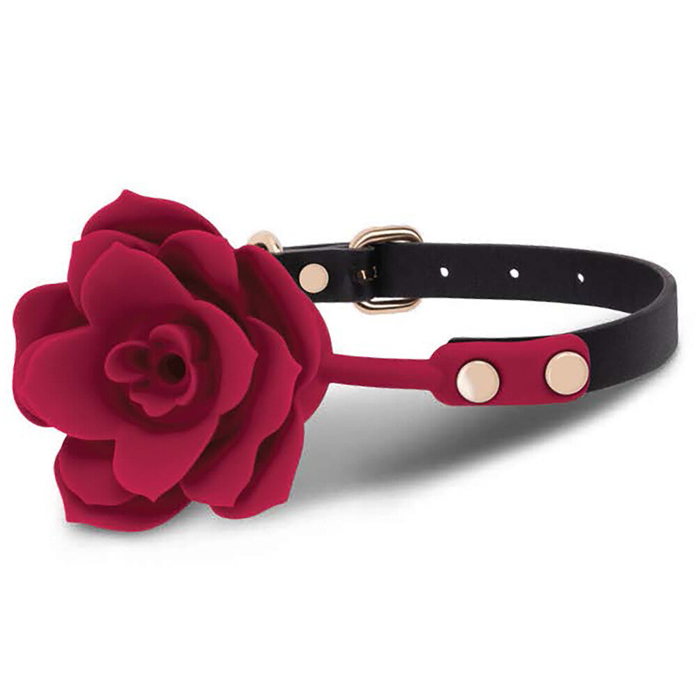 Red silicone rose gag with adjustable black strap. Secret Kisses Rosegasm Bloom.