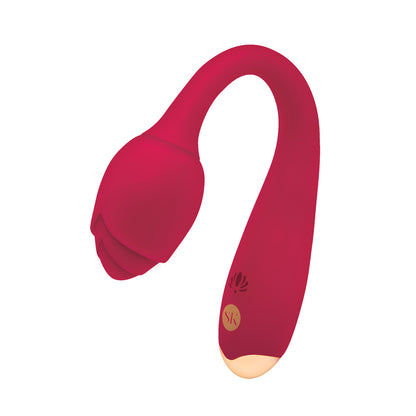 Secret Kisses Rosegasm, a red rose-shaped vibrator with a long stem, promising floral-inspired pleasure and sensual exploration.
