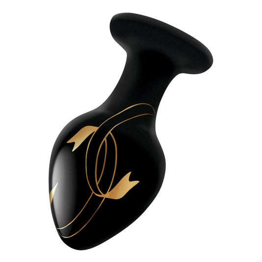 Black glass butt plug with gold ribbon design