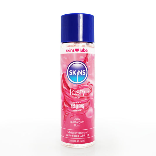 Skins Juicy Bubblegum Blast water-based lubricant in a 130ml bottle with blue lid. Ready for some tasty fun?