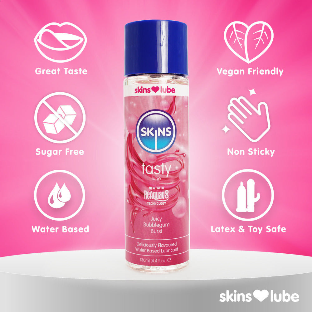 Skins lube: Juicy Bubblegum Blast. Deliciously flavoured, water-based lubricant, non-sticky, vegan, toy and latex safe.