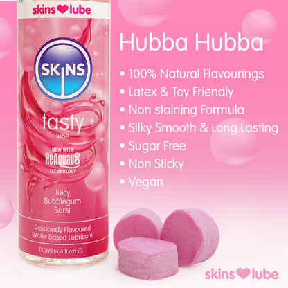 Skins Juicy Bubblegum Blast Lube: Water-based fun, deliciously flavoured for playful pleasure. Latex and toy-friendly, vegan formula.
