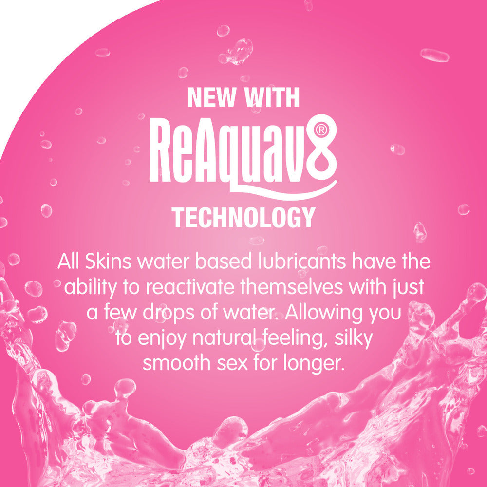 ReAquav8 tech ensures long-lasting, silky smooth sex with Skins water-based lubricants. Just add a drop of water!
