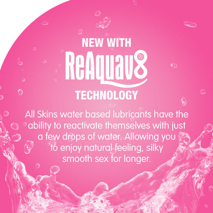 ReAquav8 tech ensures long-lasting, silky smooth sex with Skins water-based lubricants. Just add a drop of water!
