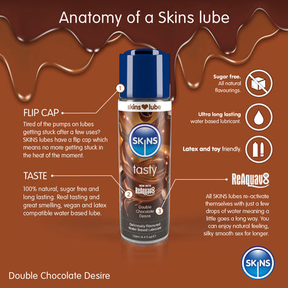 Skins Double Chocolate Desire lubricant: water-based, sugar-free, vegan friendly and toy friendly. Flip top prevents spills.