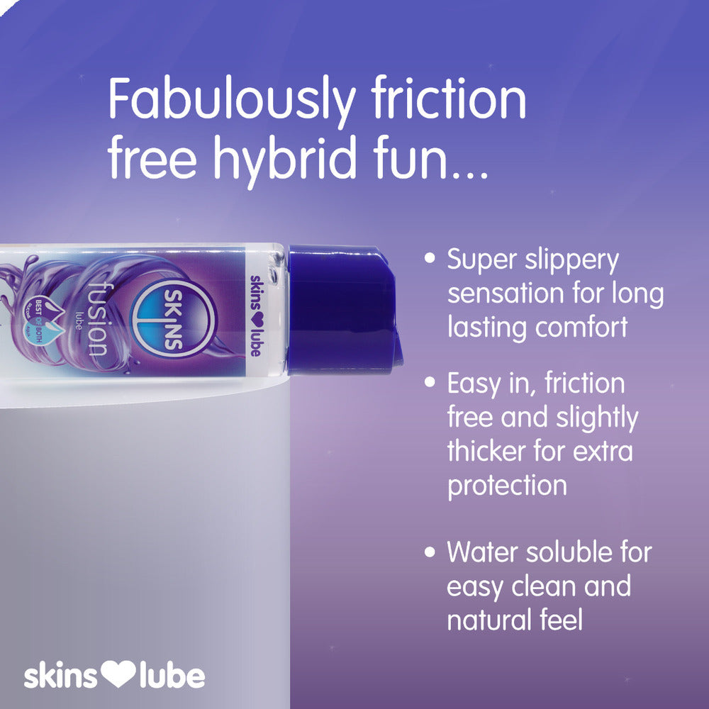 Skins Fusion Hybrid Lube: Friction-free fun, long-lasting comfort and easy clean. Fabulously friction-free hybrid fun!