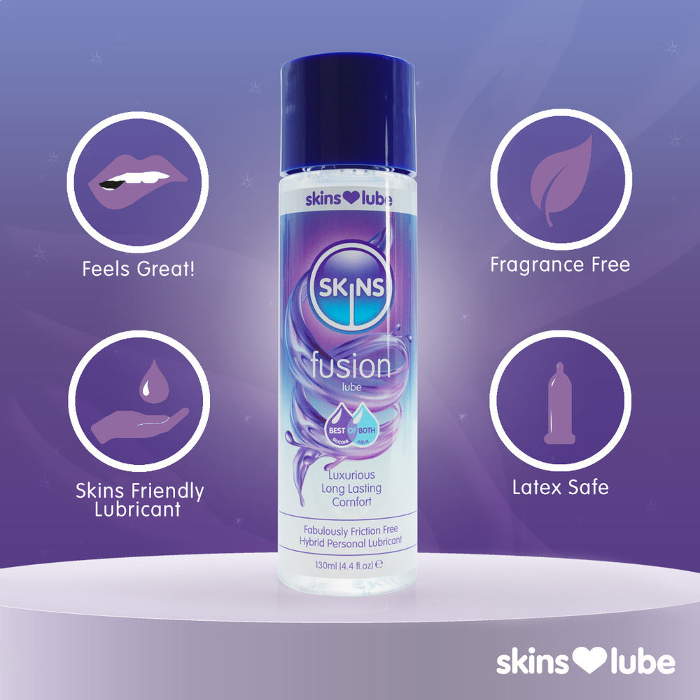 Skins Fusion Hybrid Lube: Feels great, fragrance free, skins friendly, latex safe. Experience luxurious, long-lasting comfort.
