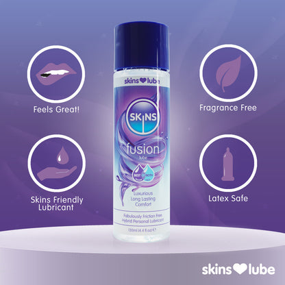 Skins Fusion Hybrid Lube: Feels great, fragrance free, skins friendly, latex safe. Experience luxurious, long-lasting comfort.