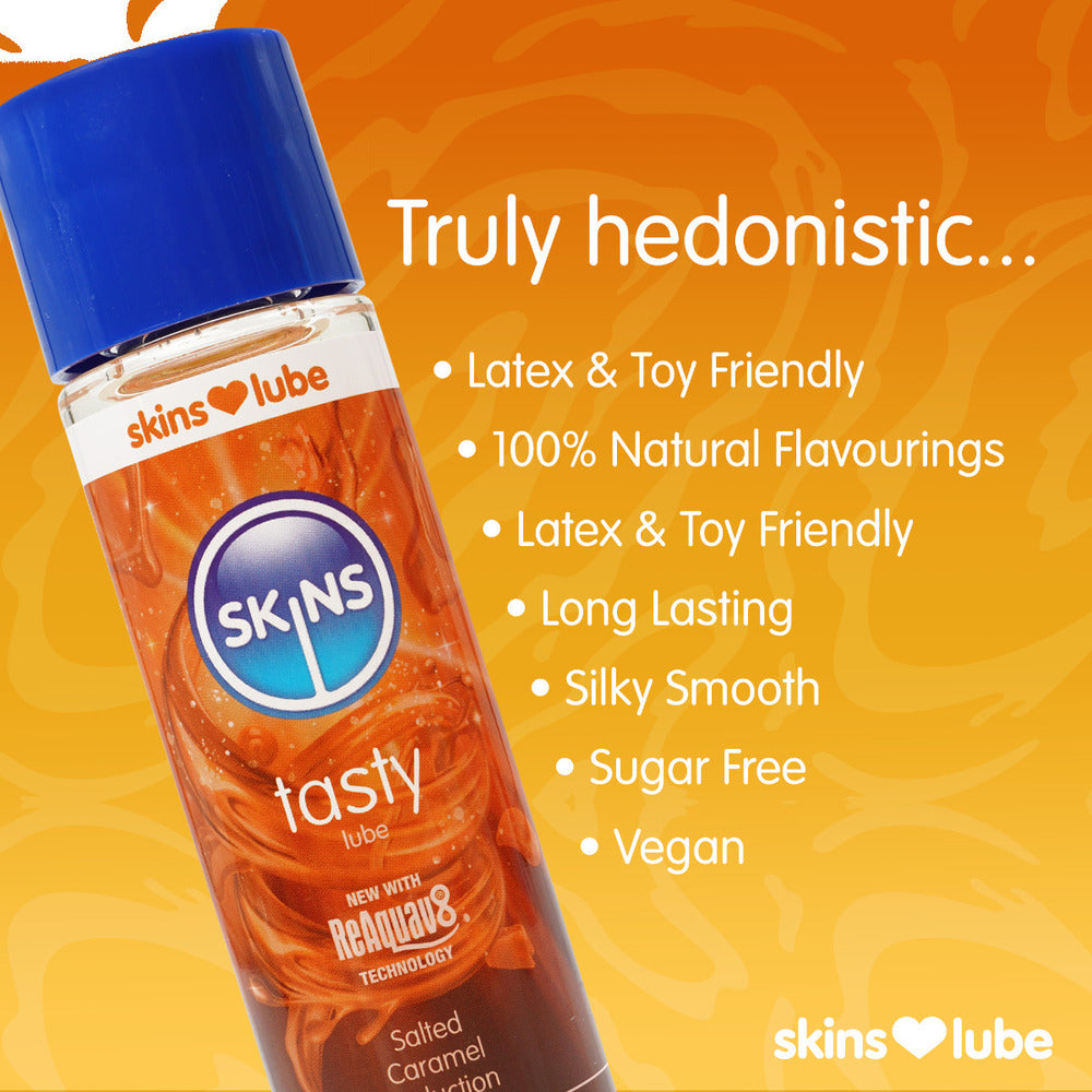 Skins Salted Caramel Seduction Lube: Deliciously playful water-based lubricant that's vegan, sugar free and toy friendly.
