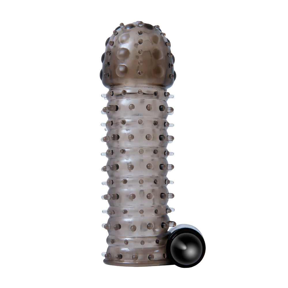 Textured grey penis sleeve for enhanced sensations.