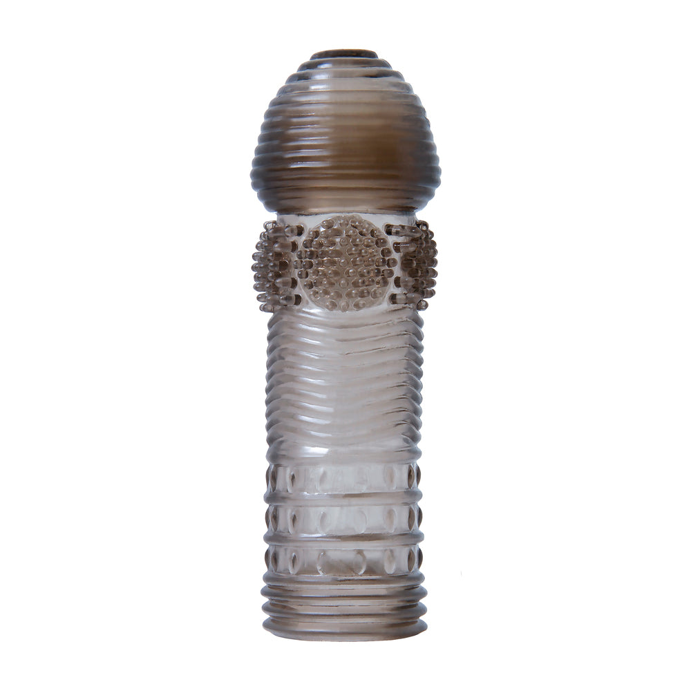 Textured grey penis sleeve for enhanced pleasure.